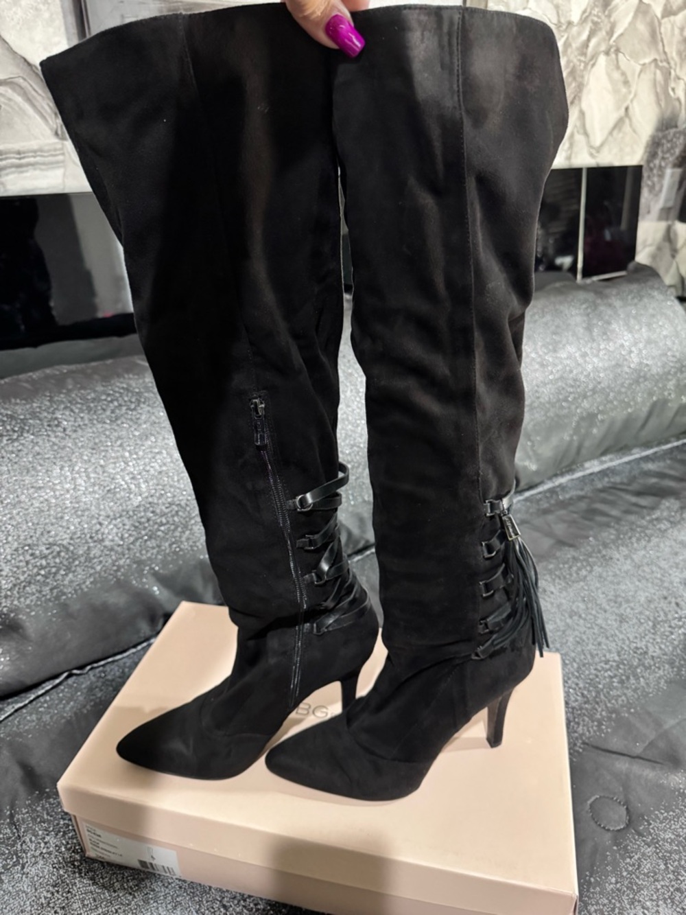 BCBG Black Suede Over-the-Knee Pointed-Toe Boots